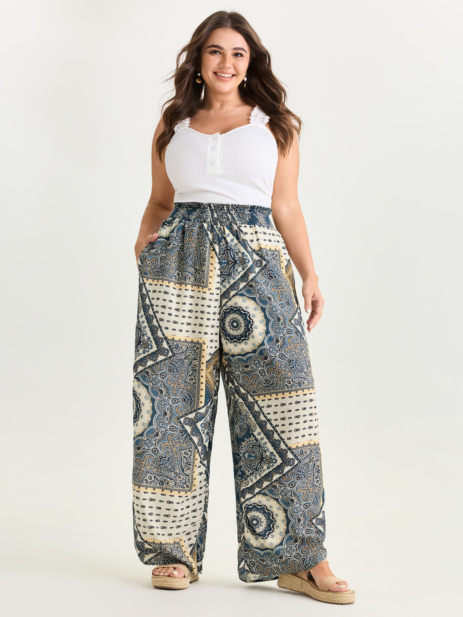Supersoft Geometric Print Shirred Waist Pants