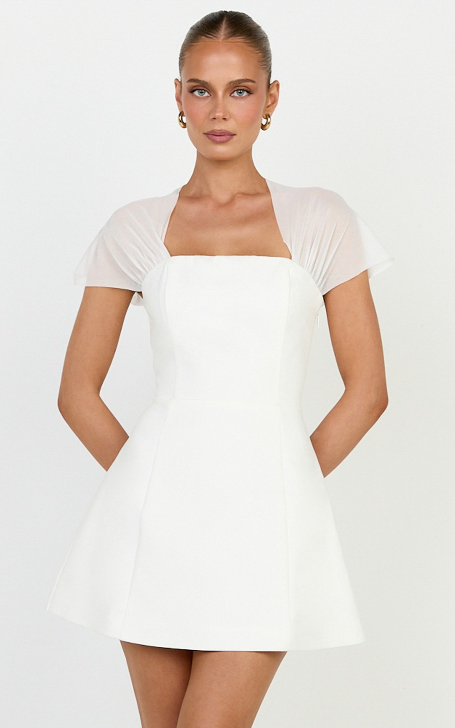 Neve Mini Dress - Sheer Short Sleeve Square Neck Tulip Skirt Dress in Off White
