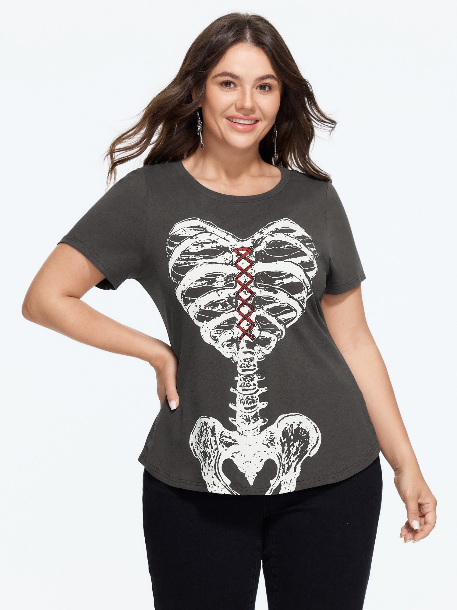 Halloween Skeleton Ribcage Graphic Crew Neck T‑Shirt