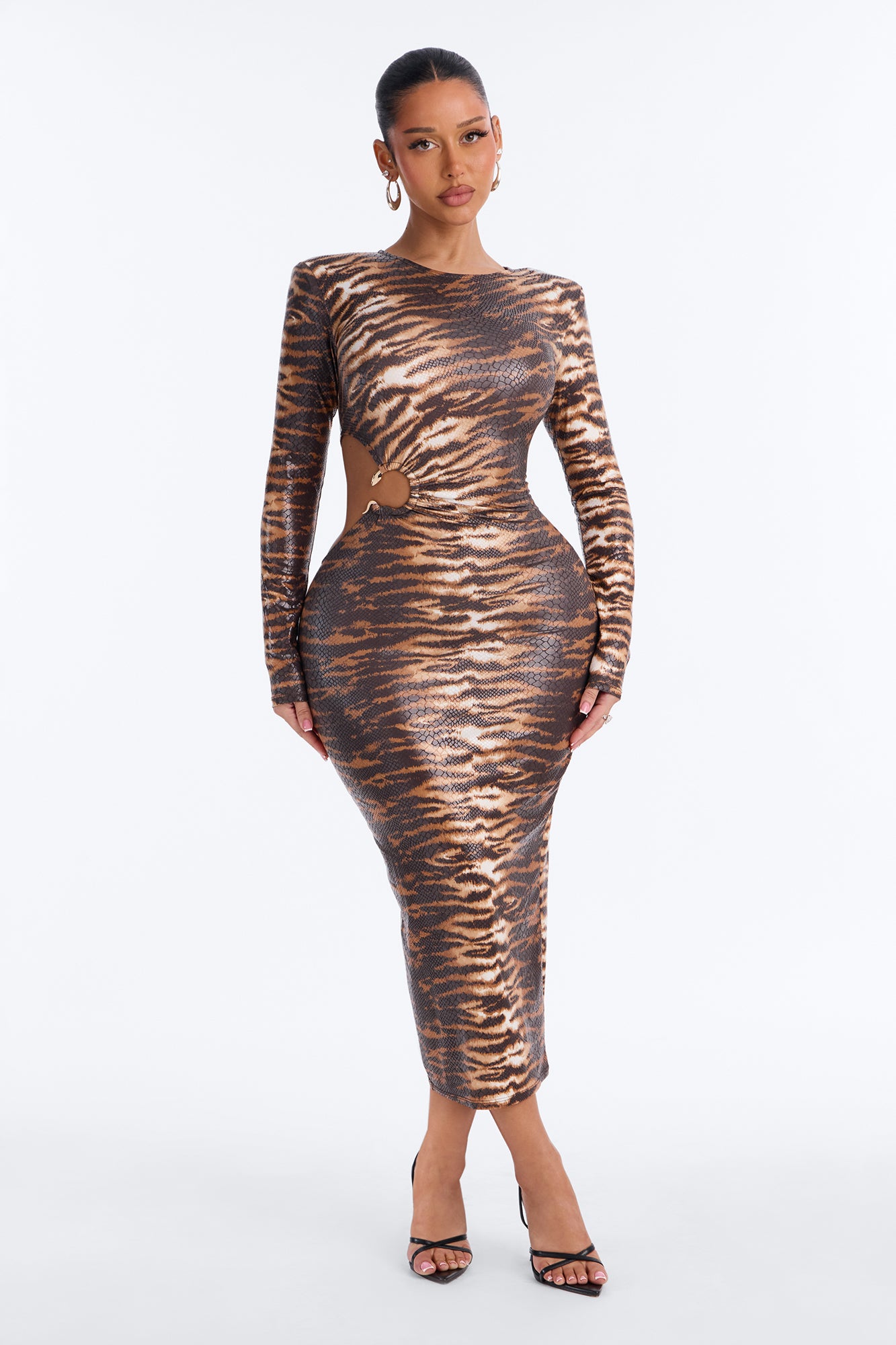 She Bites Back Tiger Long Sleeve Midi Dress - Brown/combo