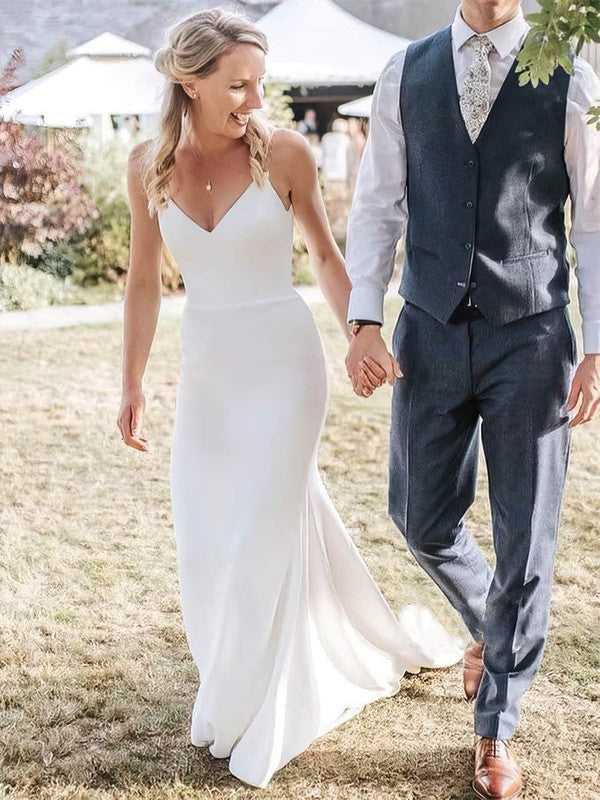 Elegant V-Neck Mermaid Spaghetti Straps Stretch Satin Wedding Dresses with Sweep Train