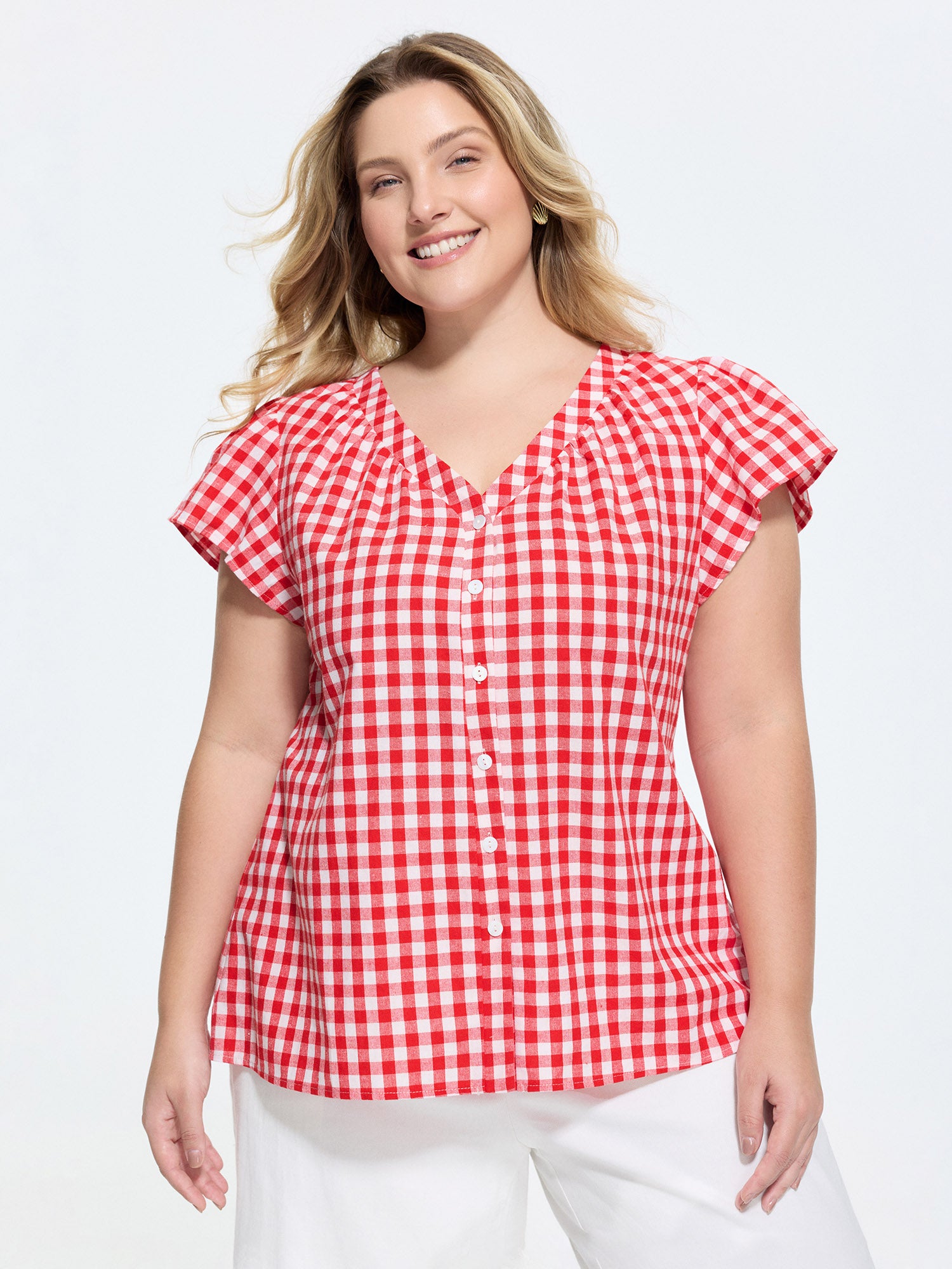 Cotton Gingham Print Ruffled Sleeve Blouse