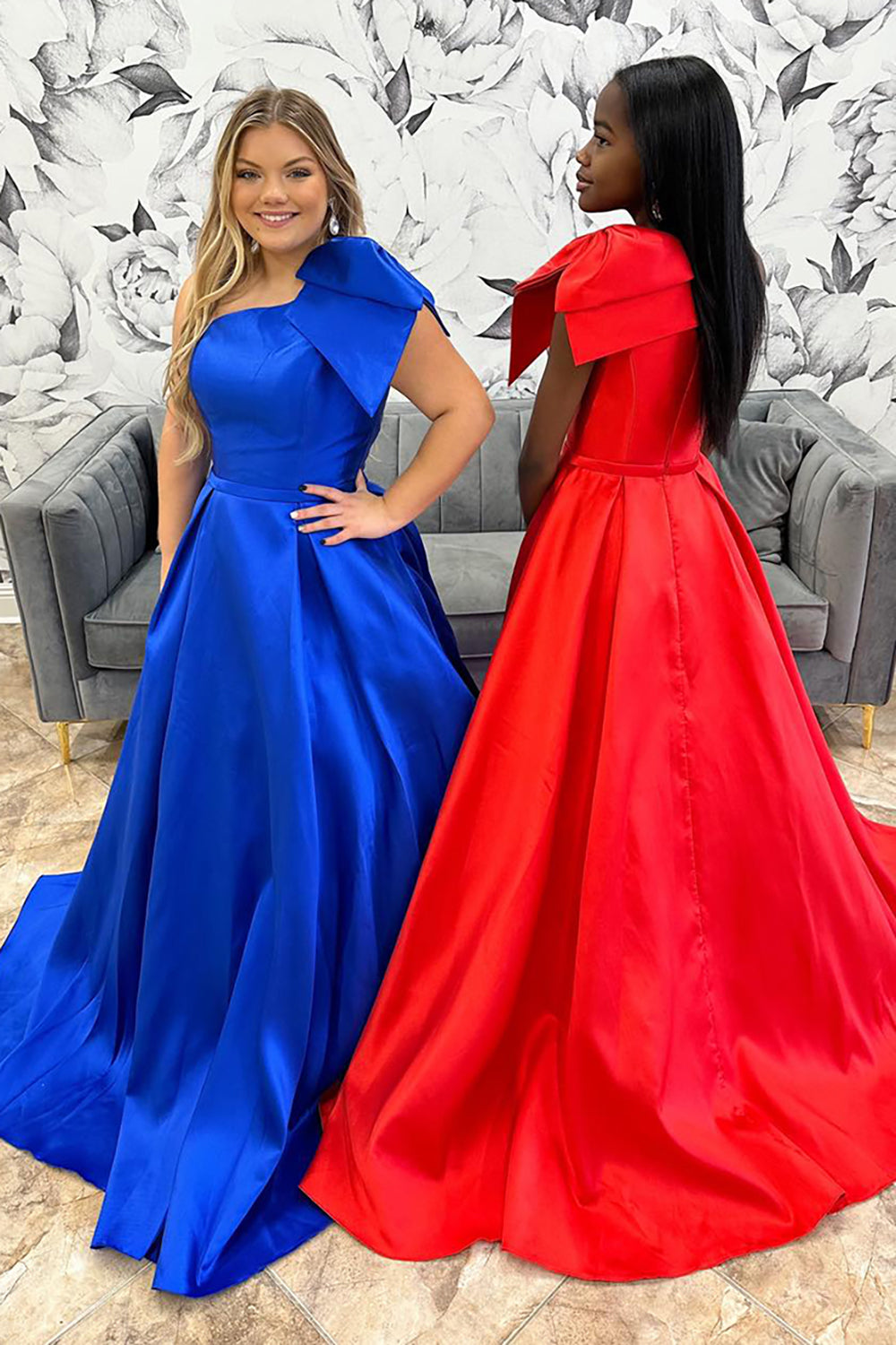 Princess Satin Prom Dress in Royal Blue with One Shoulder and Bow