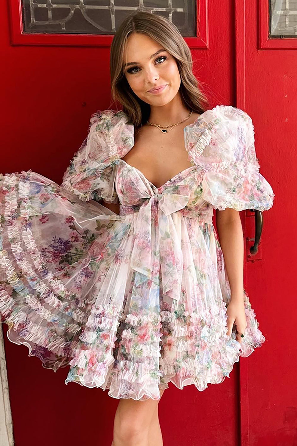 Ivory Puff Sleeves A-Line Floral Short Homecoming Dress/Mini Dress with Ruffles