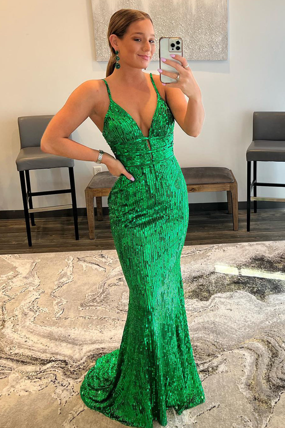 Green Sequined Mermaid Prom Dress with Spaghetti Straps and Backless Design