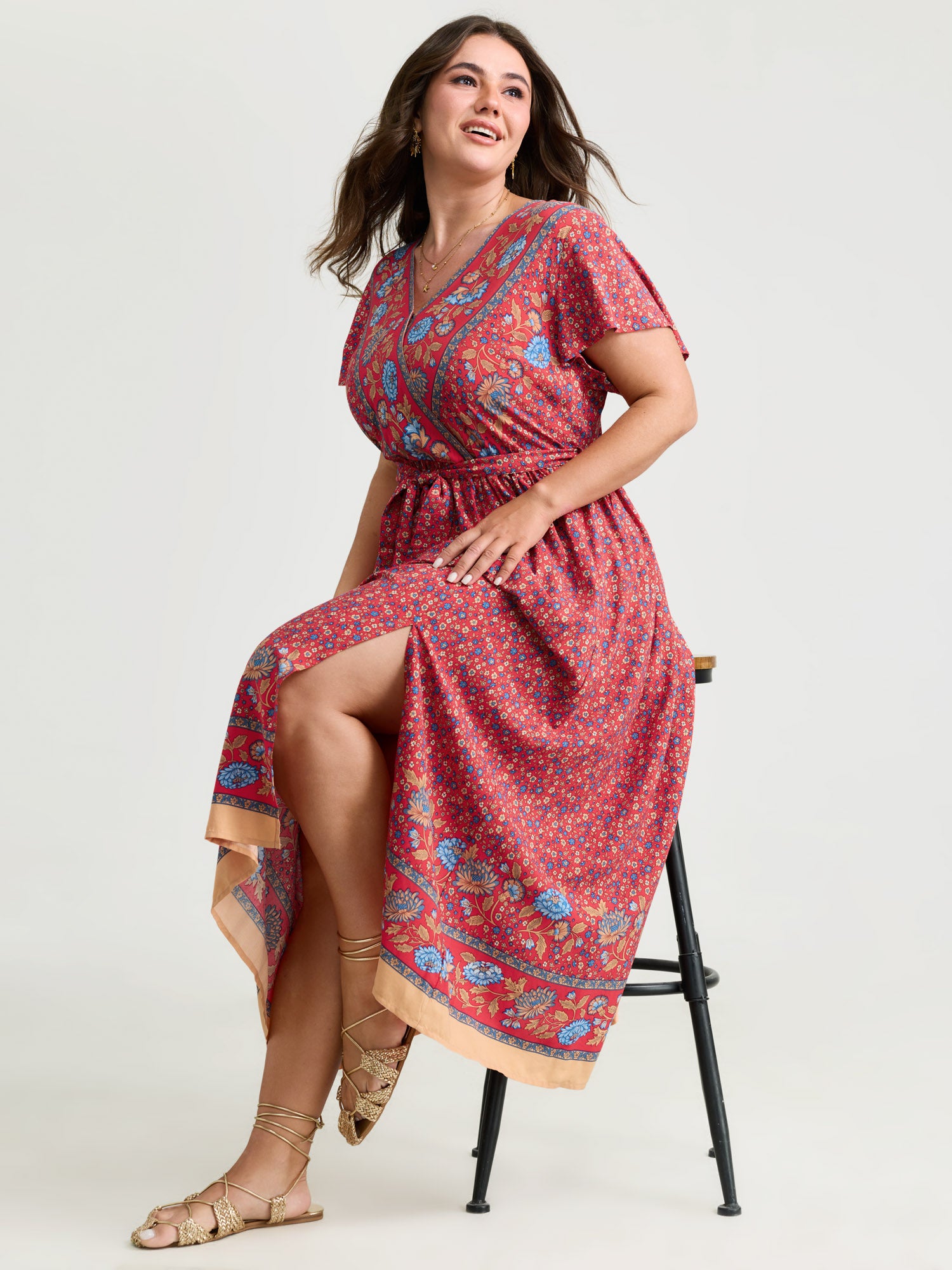 Floral Breeze Waist-Tie Contrast Maxi Dress
