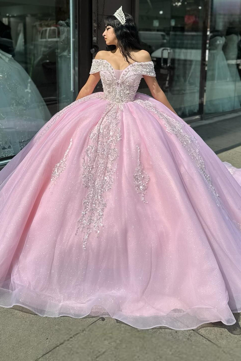 Pink Sparkly Off-Shoulder Princess Quinceanera Dress with Beaded Tulle and Sequins