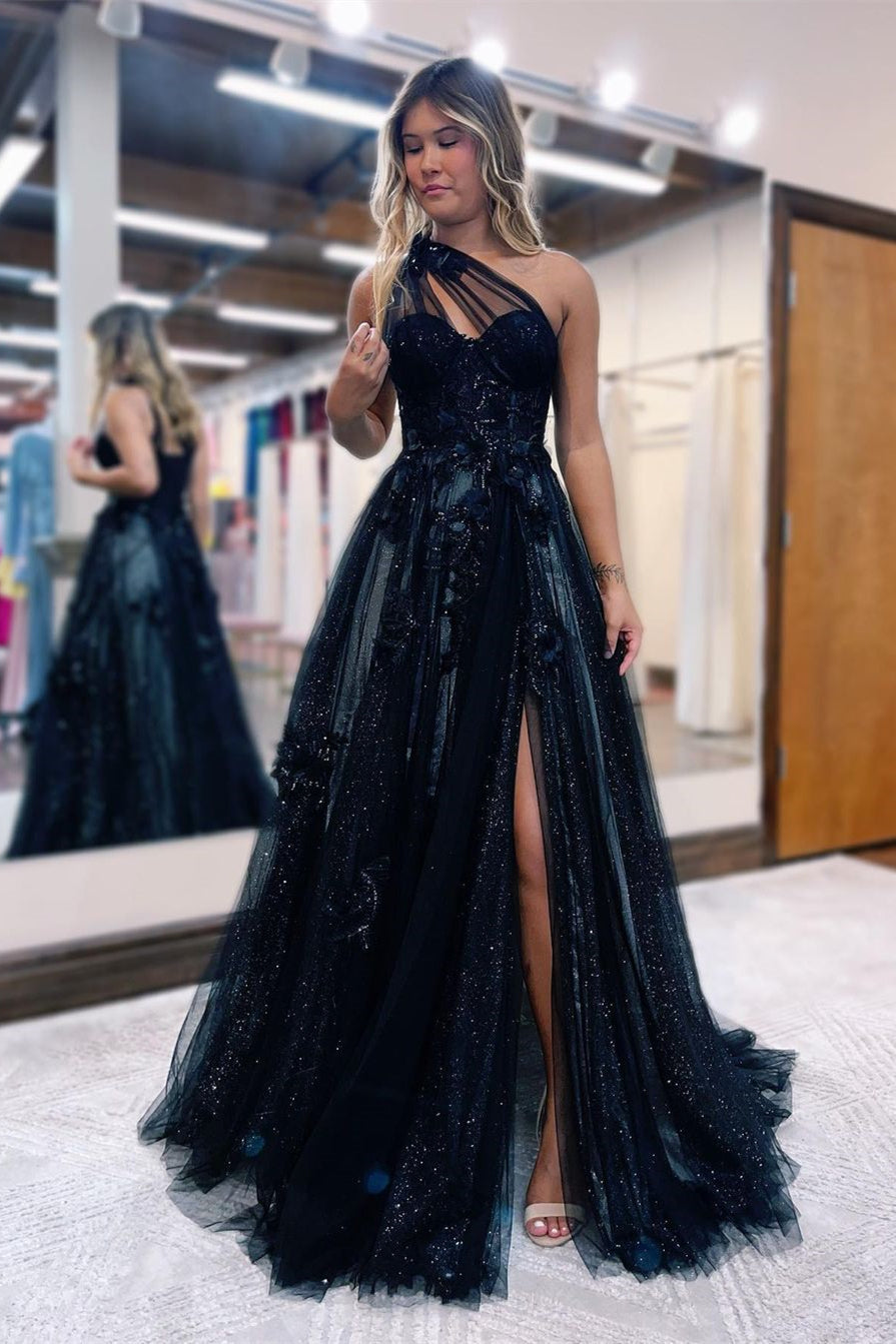 One-Shoulder Sweetheart Black Tulle Split Evening Dress With Appliques