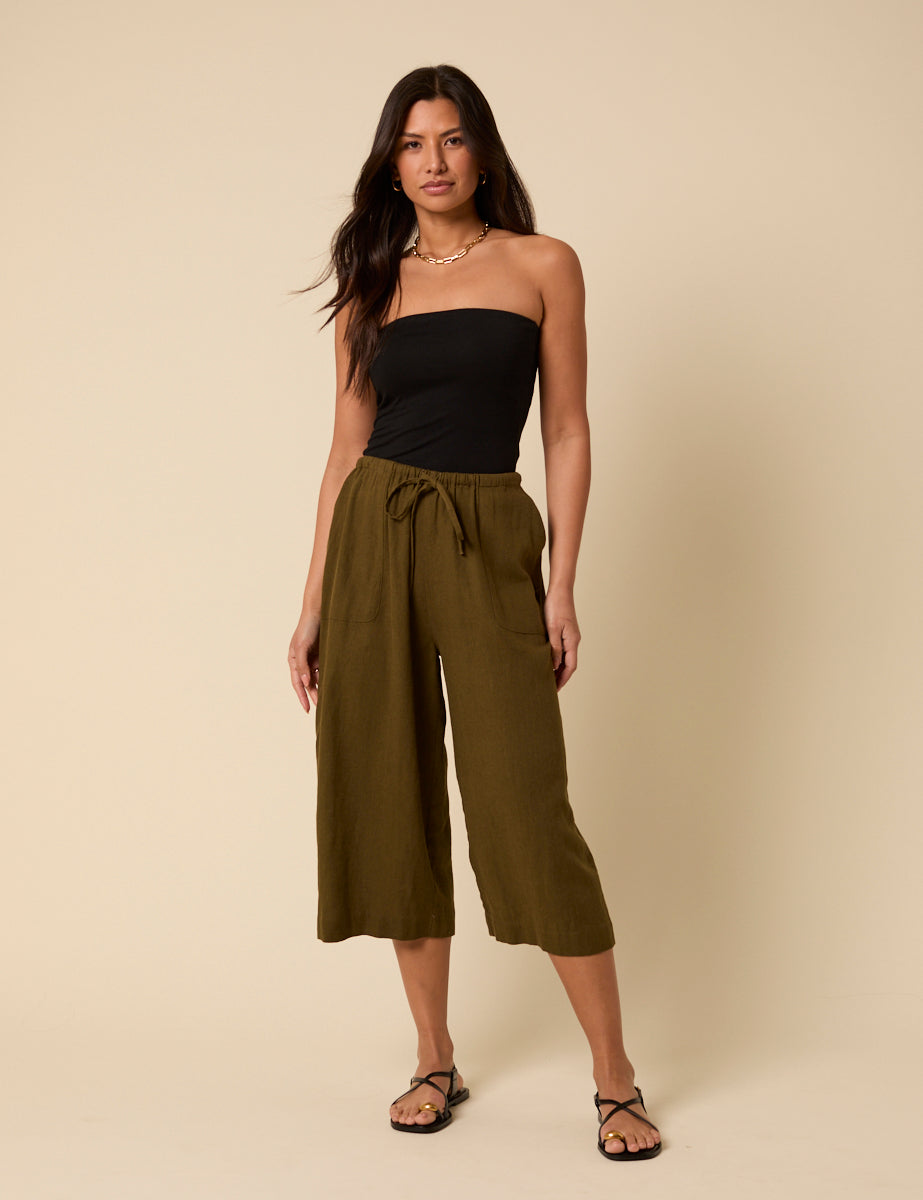 Khaki Linen-Rich Cropped Trousers
