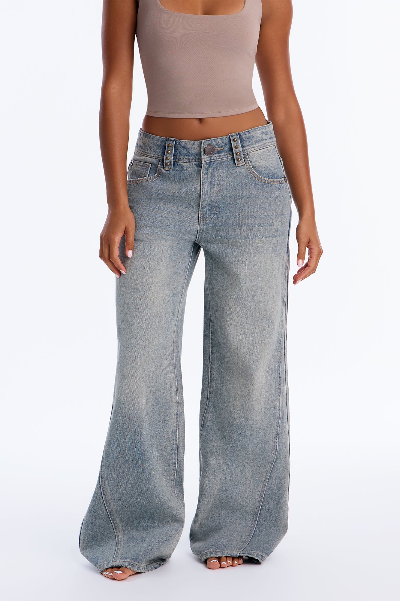 Last Call Studded Embellished Mid Waist Wide Leg Jeans - Vintage Wash