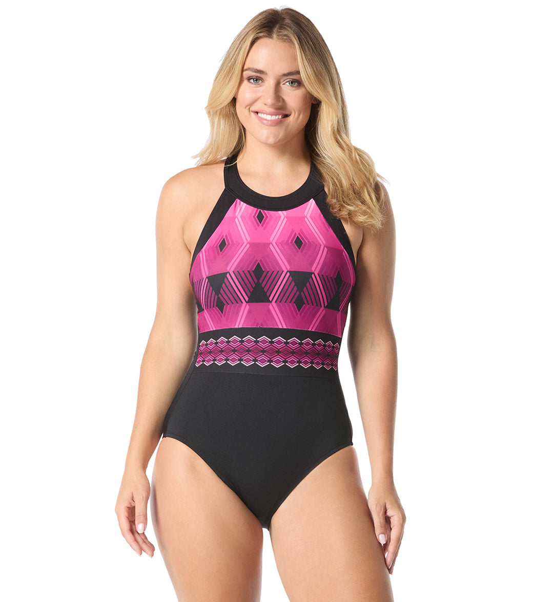 Gabar Women' s Chlorine Resistant Aqua Prisms High Neck One Piece Swimsuit