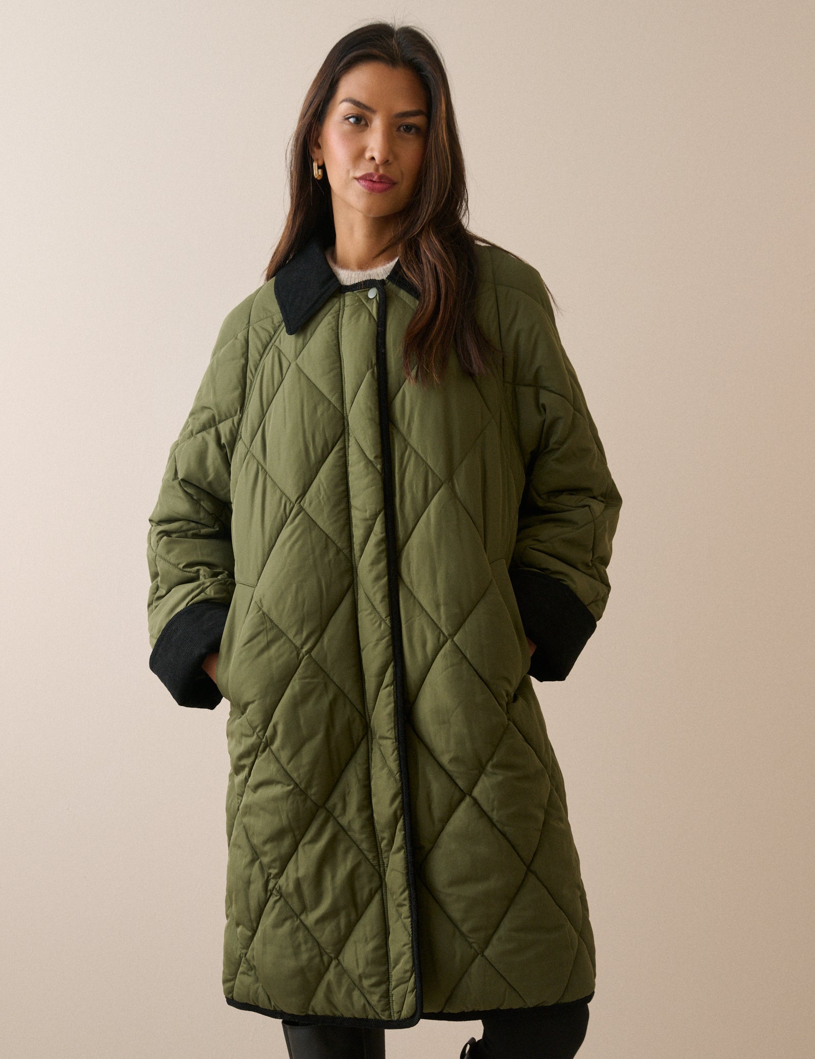 Khaki Contrast Collar Quilted Coat