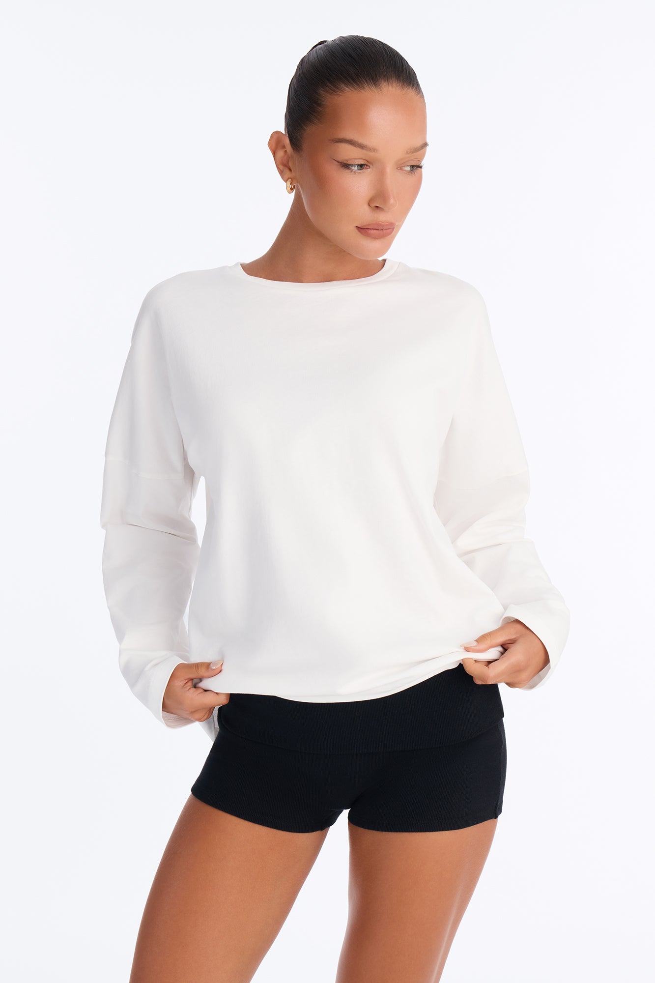 100% Premium Cotton Crew Neck Long Sleeve Oversized Tee - White