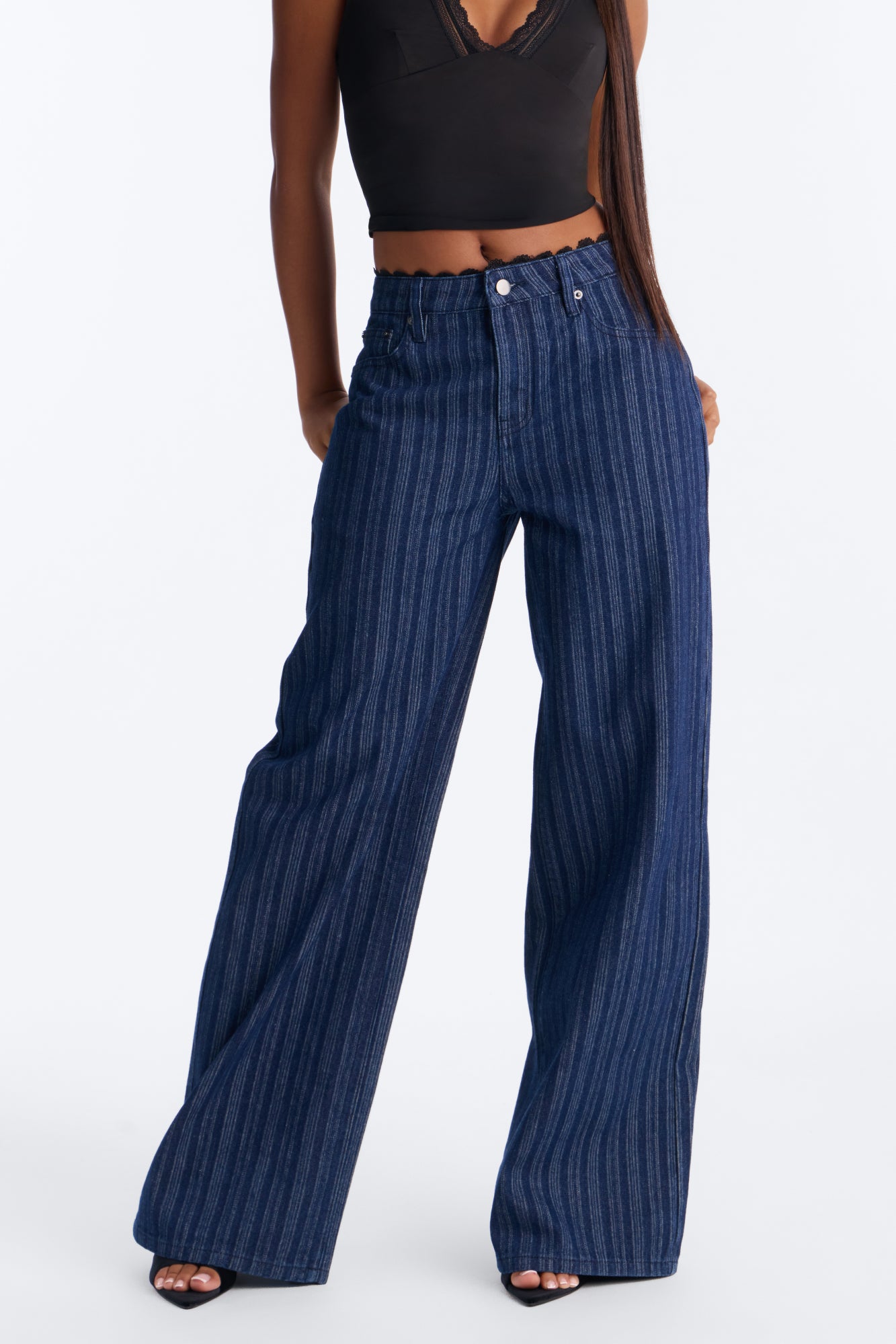 Ready For Business Lace Trim Wide Leg Jeans - Dark Wash
