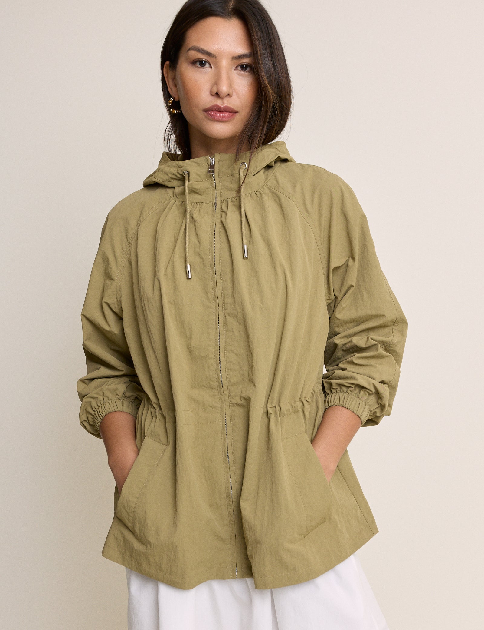 Khaki Drawcord Waist Hooded Parka