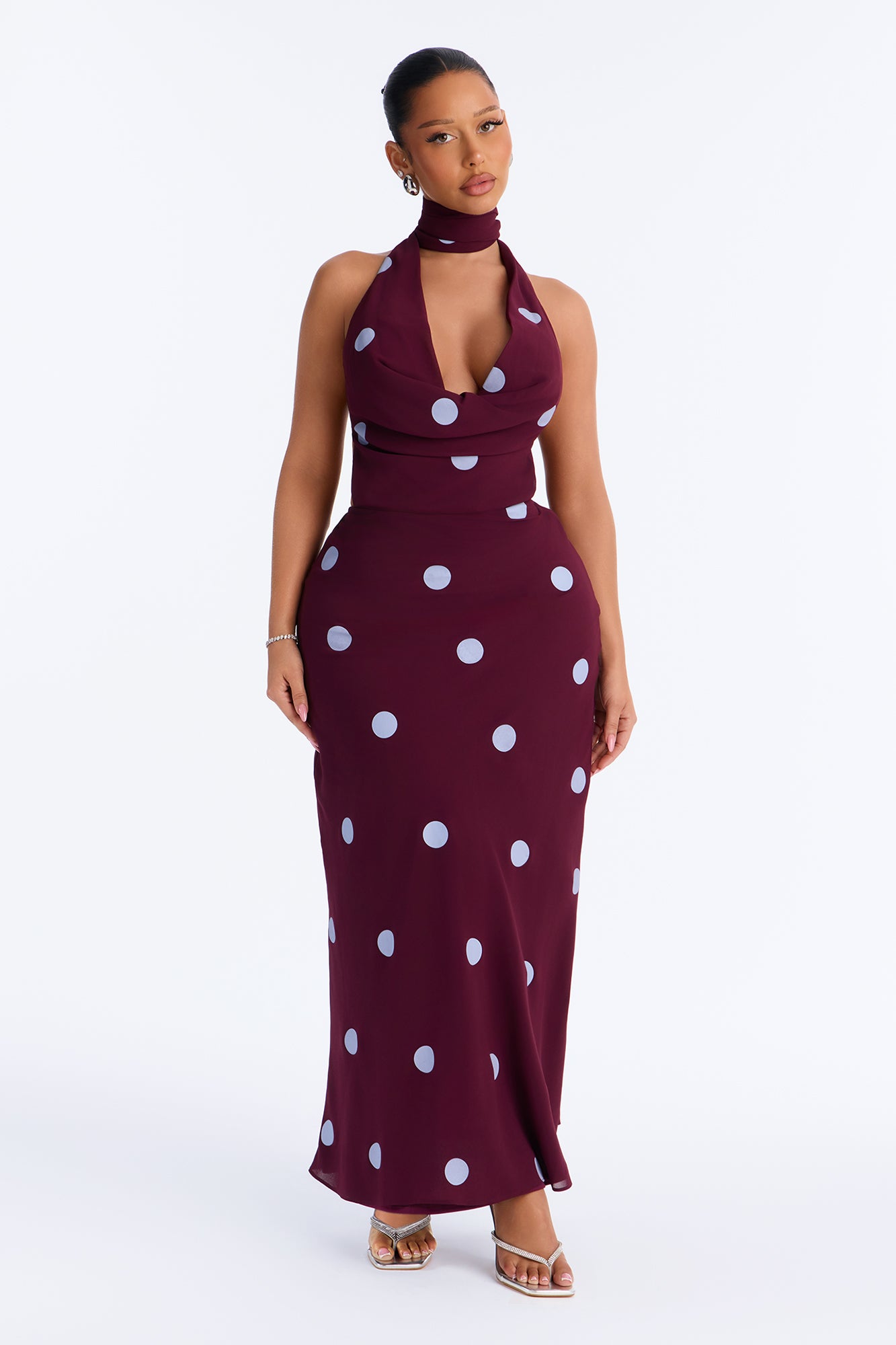 True Love Polka Dot Chiffon Maxi Dress - Burgundy/combo