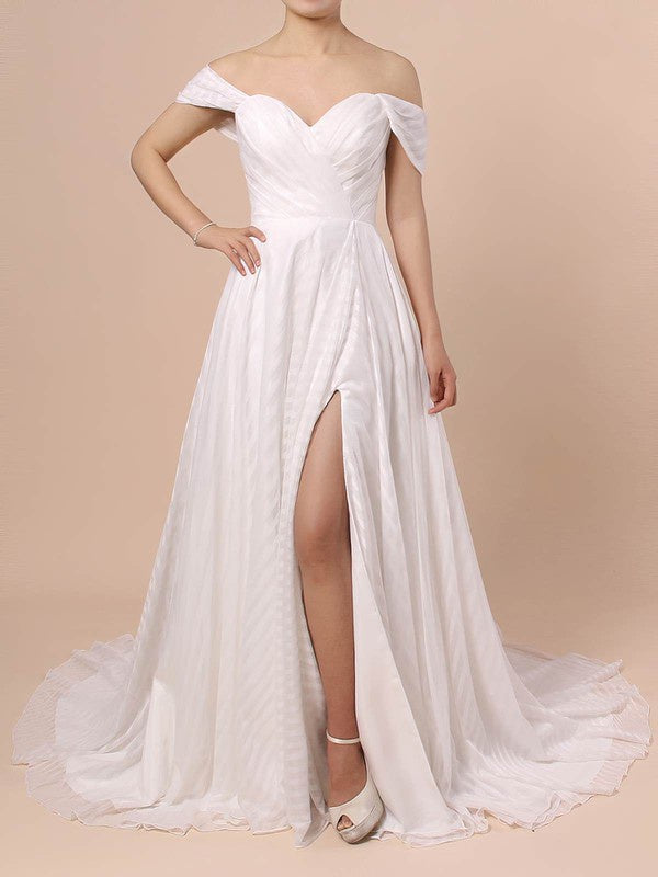 Sexy A-Line Chiffon Sweetheart Off-The-Shoulder Wedding Dresses with Split