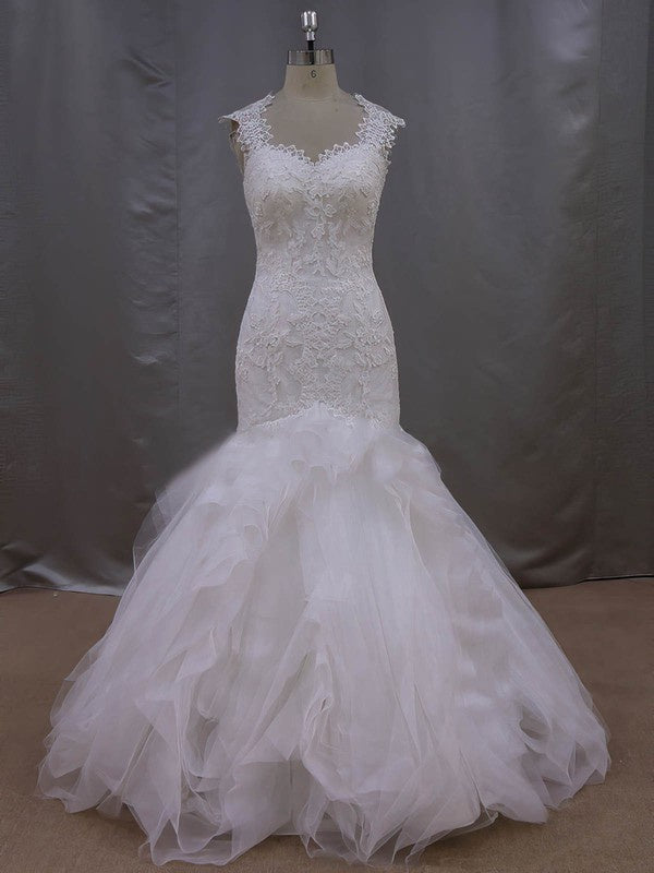 Elegant Trumpet Sweetheart Sleeveless Tulle Lace Wedding Dresses with Cascading Ruffles