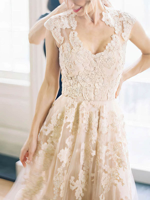 Chic A-Line Capped V-Neck Lace Sweep Train Wedding Dresses with Appliques