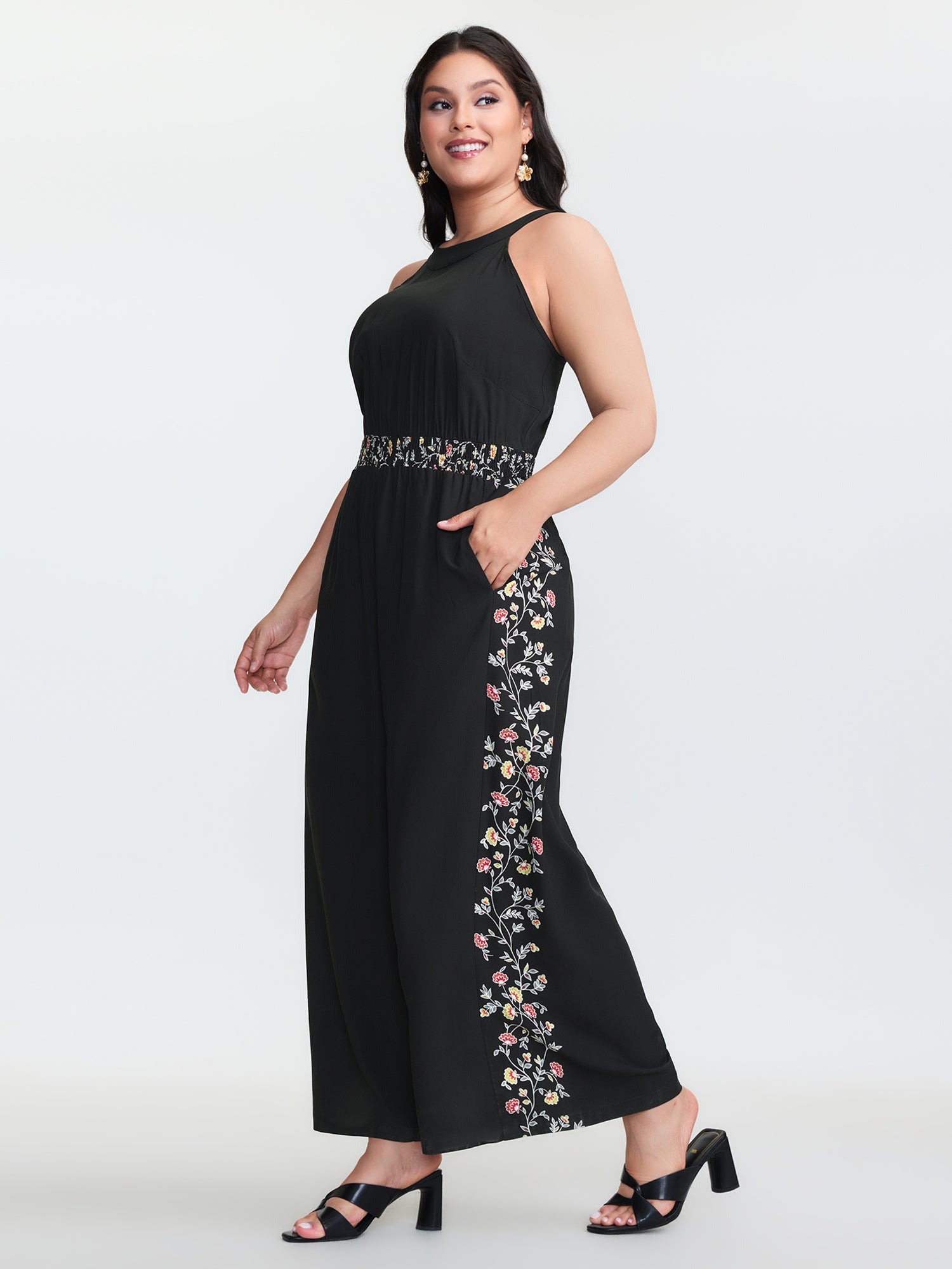 Floral Detail Patchwork Halter Neck Jumpsuit
