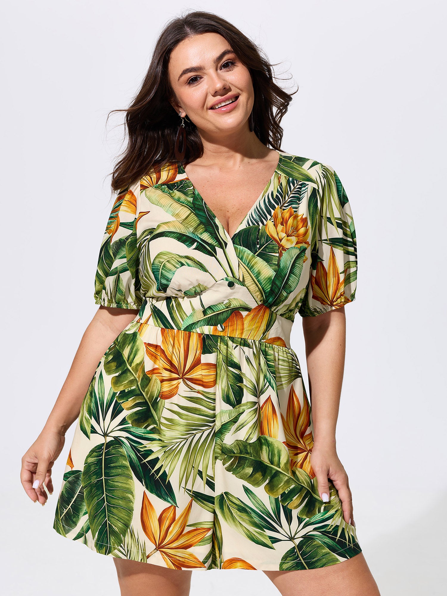 Tropical Print Shirred Wide-Leg Romper