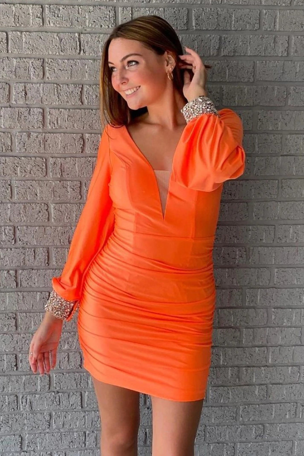 Orange Ruched Tight Homecoming Dress/Mini Dress