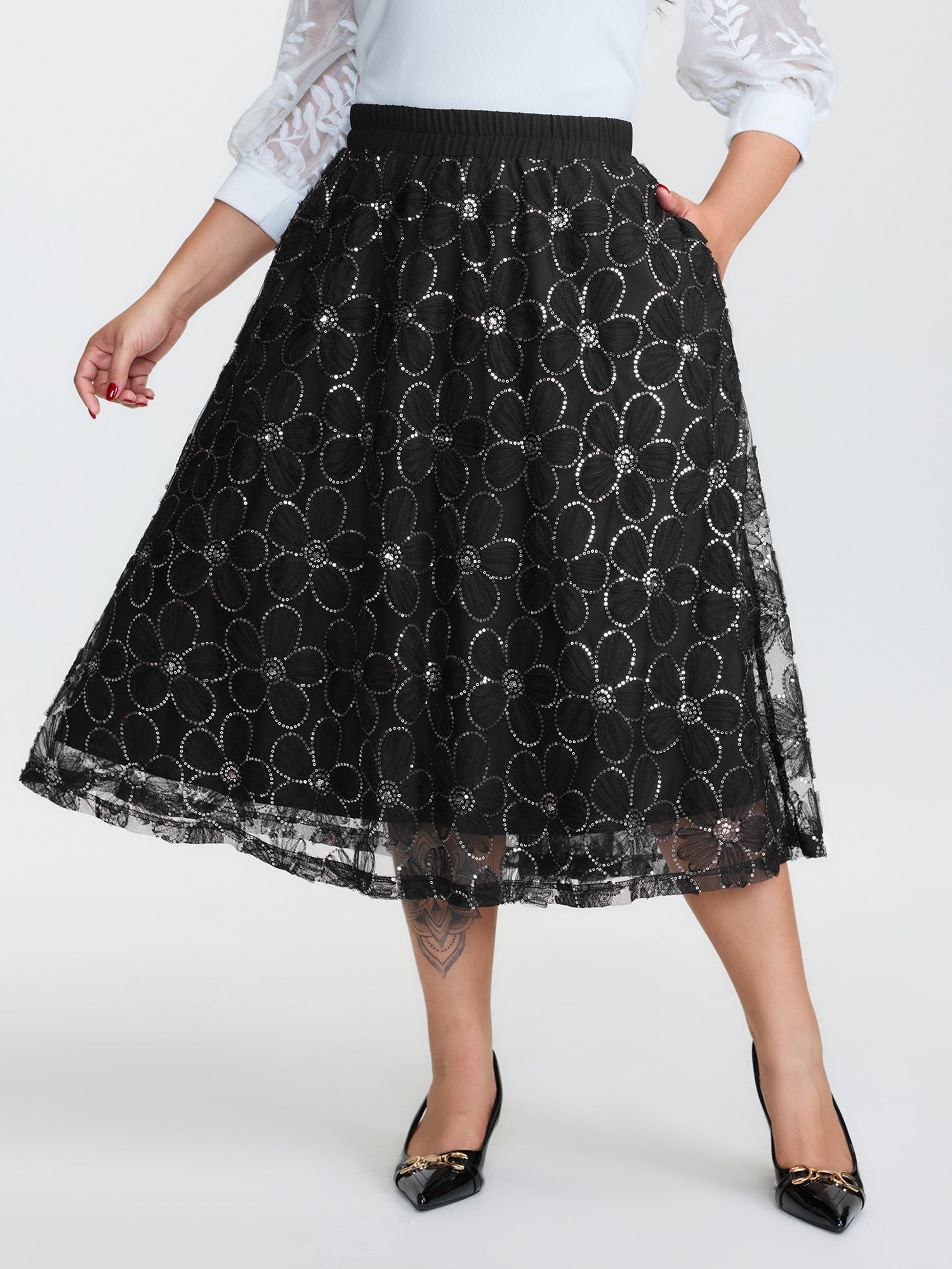 3D Floral Mesh Stretchy Waist Maxi Skirt