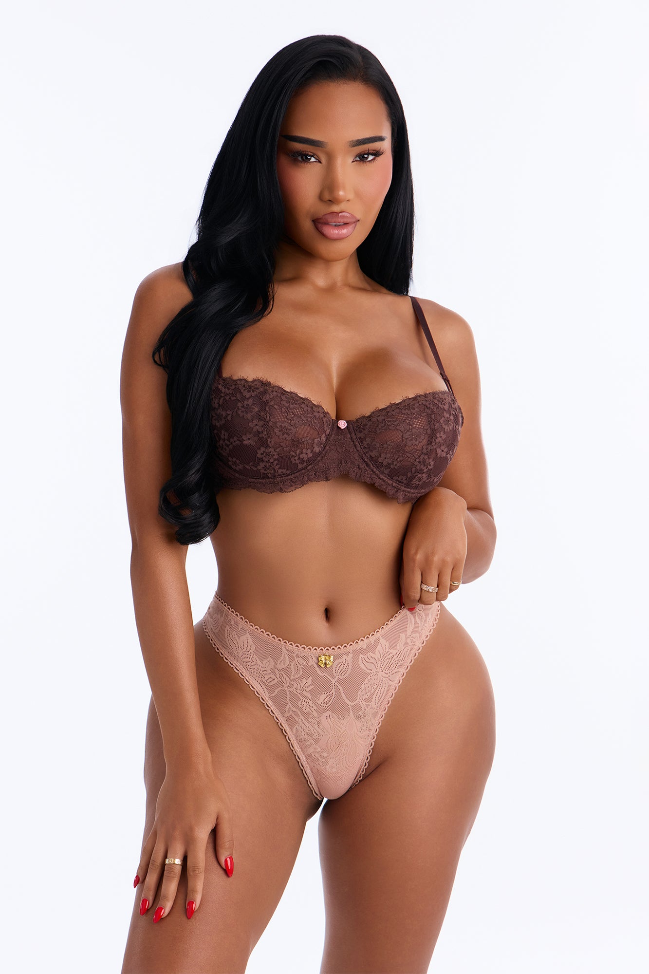 Whispering Lace Bow Charm Thong Panty - Nude