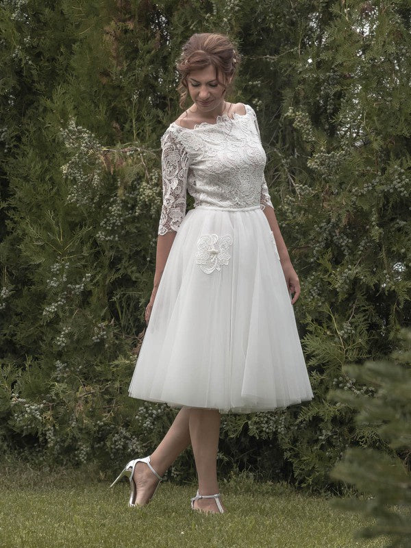 Elegant Square Neck 3/4 Long Sleeves A-Line Tulle Tea-length Wedding Dresses