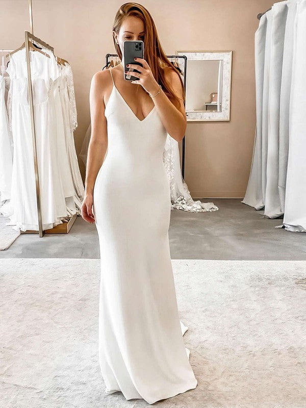 Elegant Floor-Length Stretch Satin V-Neck Sheath Wedding Dresses