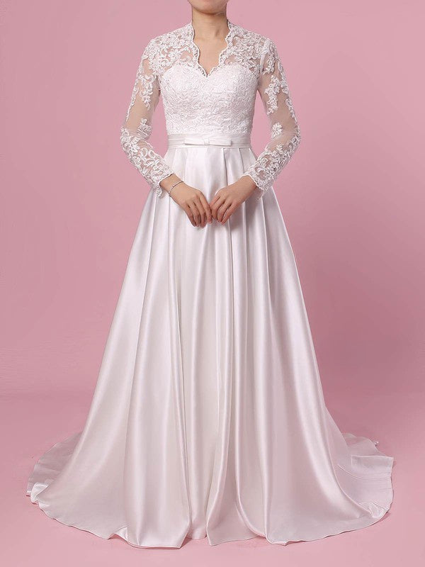 Stunning Court Train V-Neck Lace Ball Gown Satin Wedding Dresses with Sash