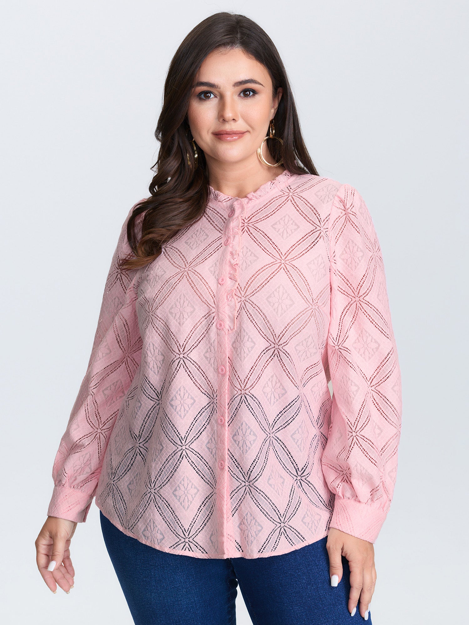 Geometric Texture Lace Trim Blouse
