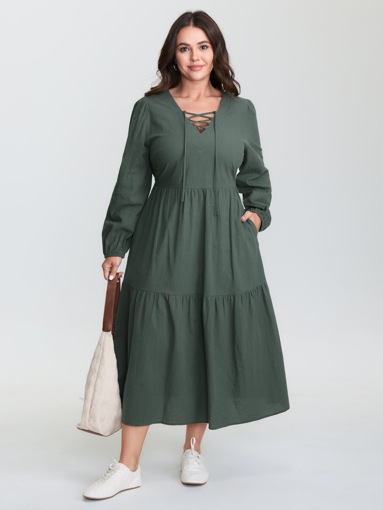 Pure Cotton Cross-Tie Neckline Midi Dress