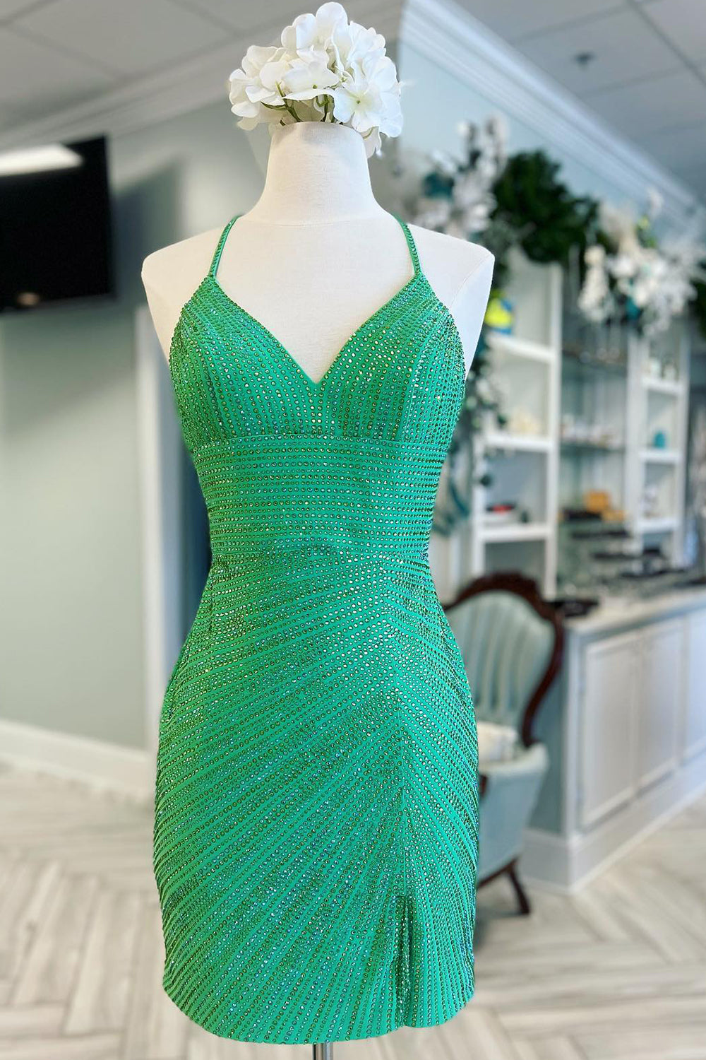 Sparkly Green Beaded Sequin Backless Tight Short Homecoming Dress/Mini Dress