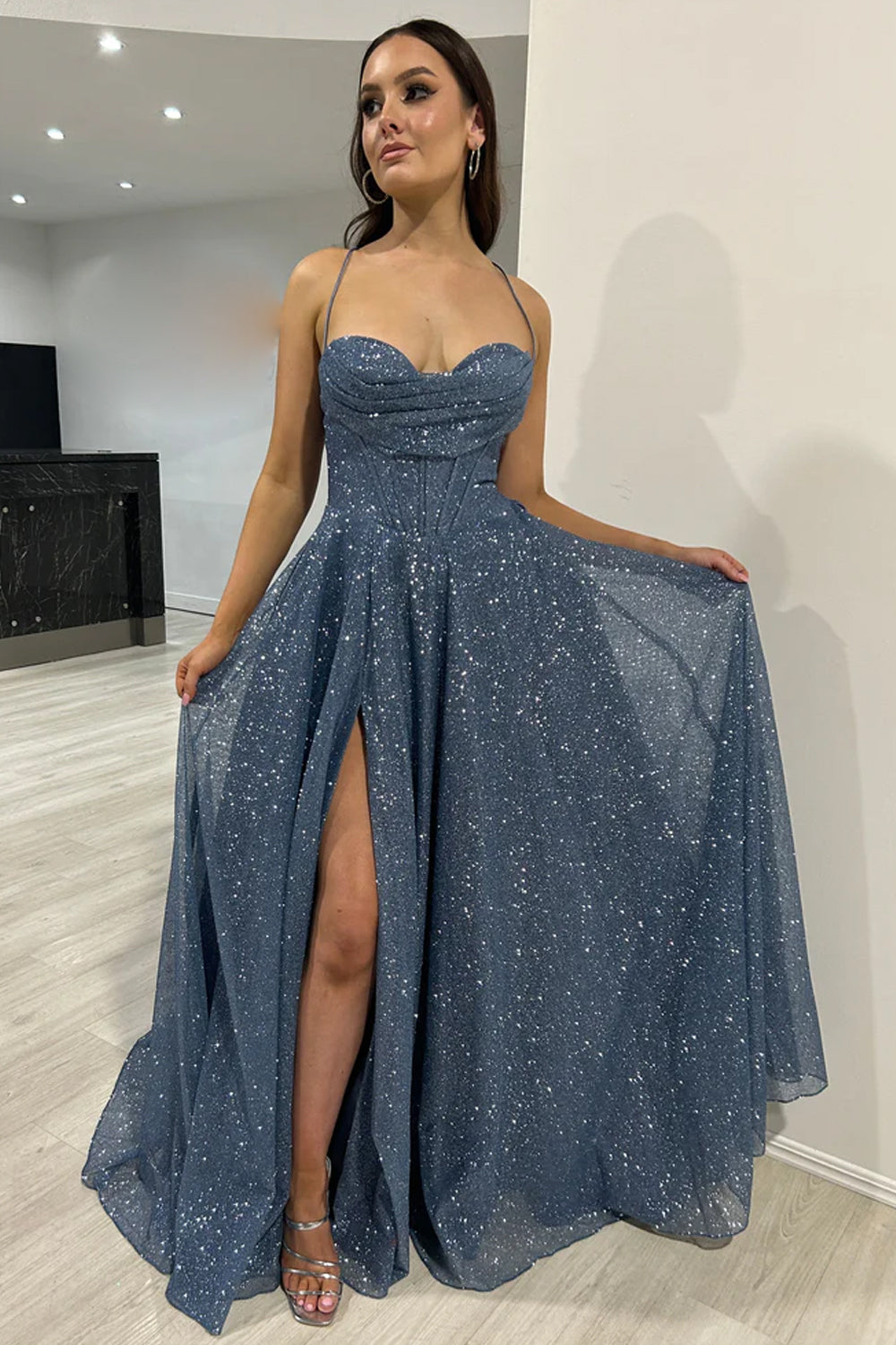 Grey Blue Sparkling Long A-Line Corset Prom Dress with Spaghetti Straps and Slit