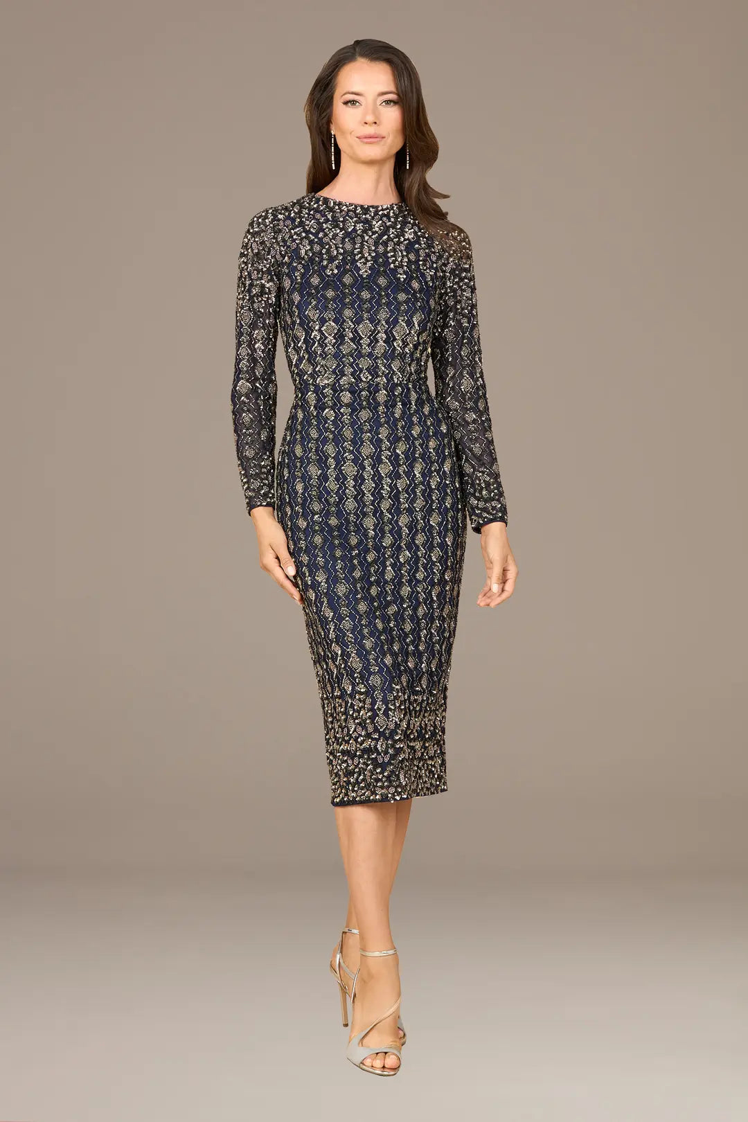 Beaded Midi Dress with Long Sleeves