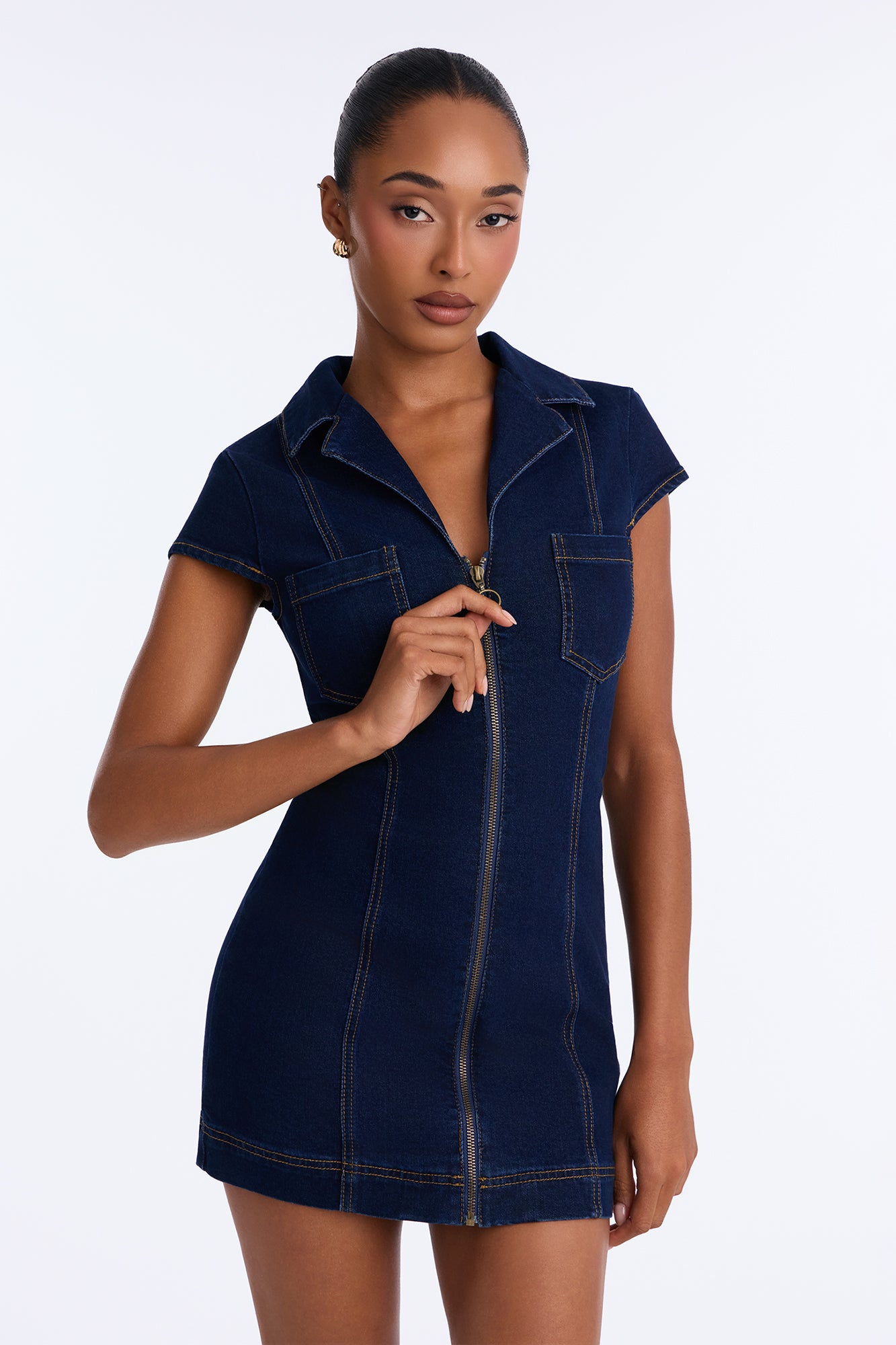 Actually So Cute Zip Front Denim Stretch Mini Dress - Dark Wash