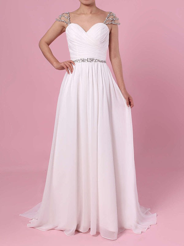 Stunning A-Line Capped Sweetheart Chiffon Sweep Train Wedding Dresses with Ruffles