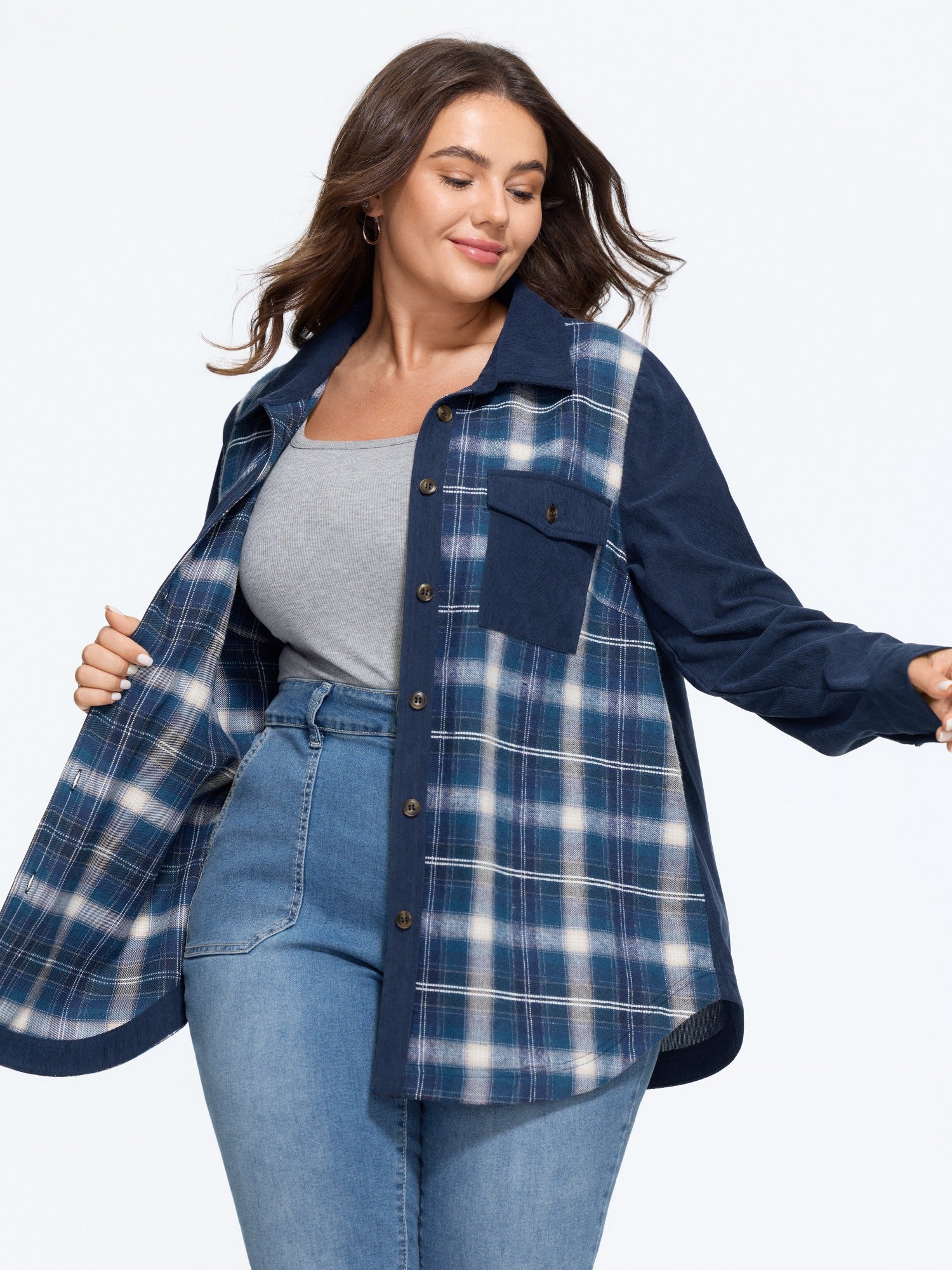 Plaid Corduroy Patchwork Button Down Jacket