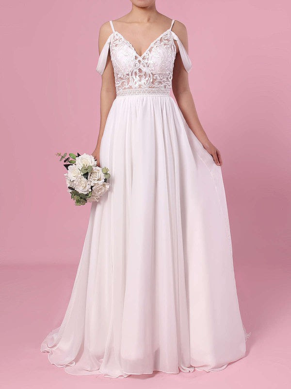 Gorgeous A-Line V-Neck Spaghetti Straps Chiffon Wedding Dresses with Sweep Train