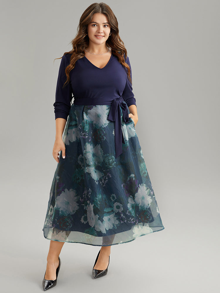 Floral Print Belted Patchwork Mesh Dress