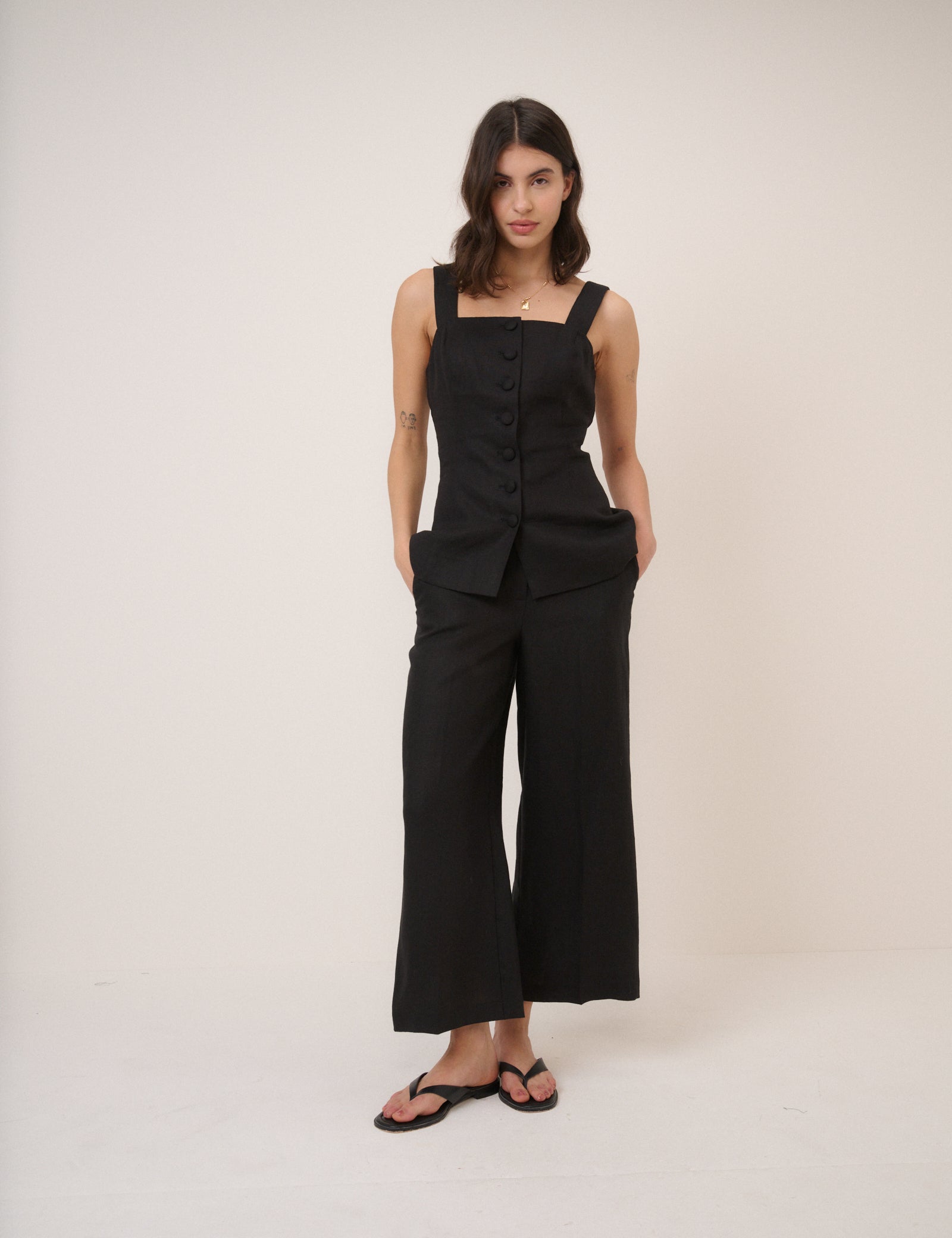 Black Strappy Linen-Rich Waistcoat