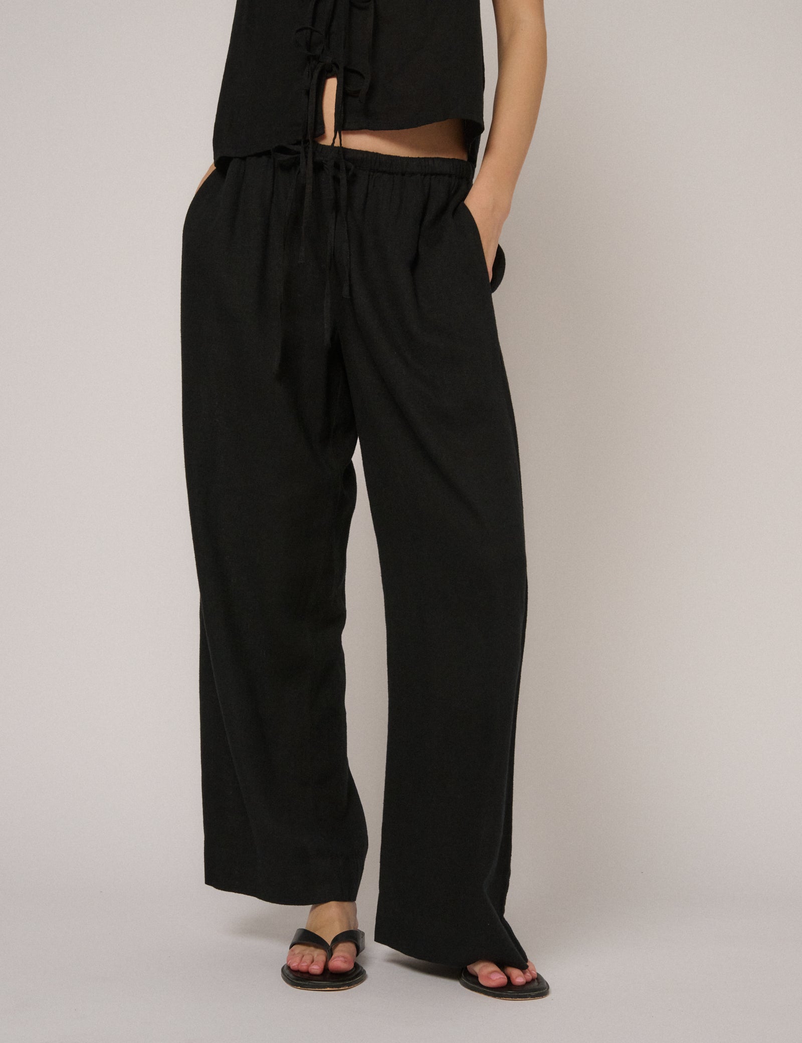 Black Linen-Rich Low Waisted Straight Leg Trousers