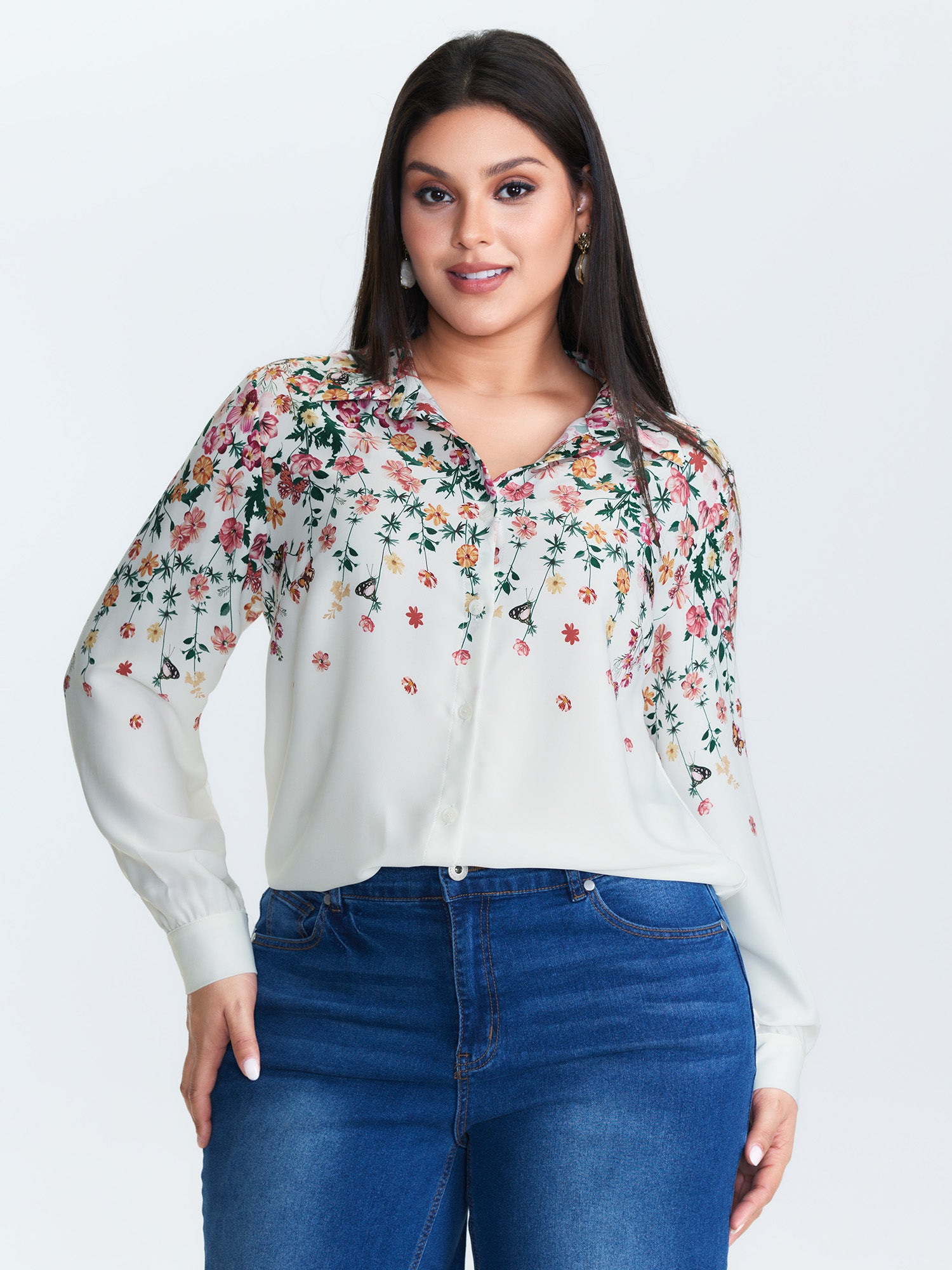 Floral Print Neckline Button-Down Blouse