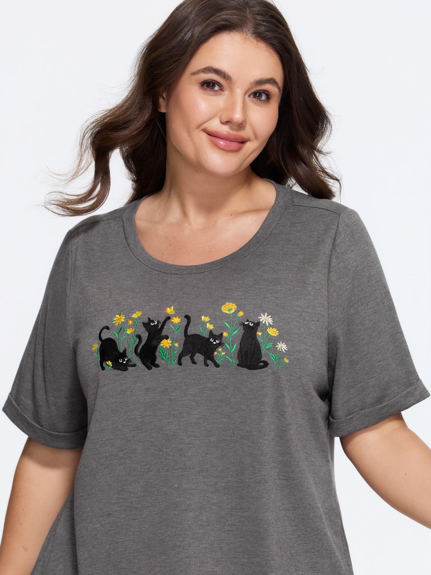 Supersoft Cat Floral Embroidered T-Shirt