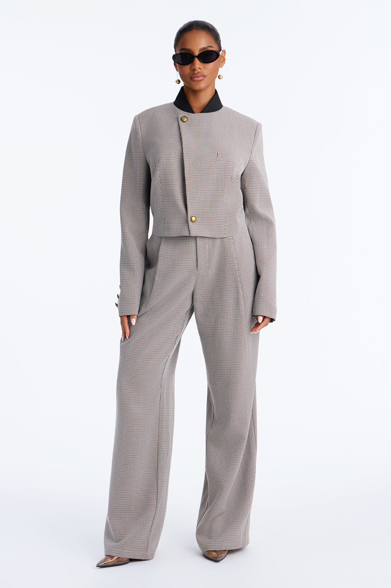 Mentally In Paris Mid Rise Houndstooth Trouser - Brown Combo