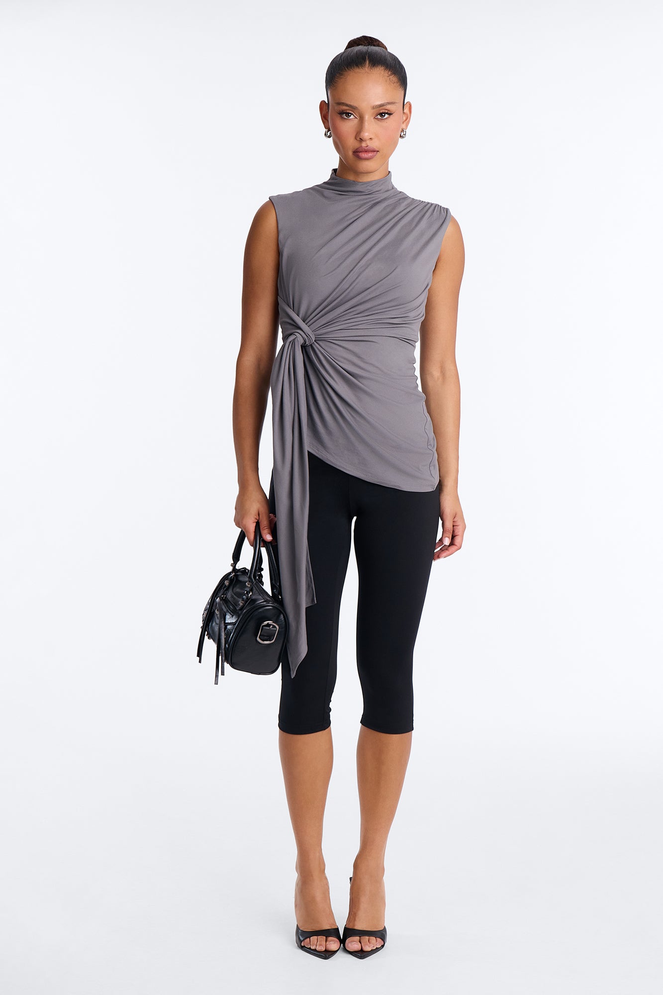 Taylor Double Lined Tie Waist Mock Neck Top - Charcoal
