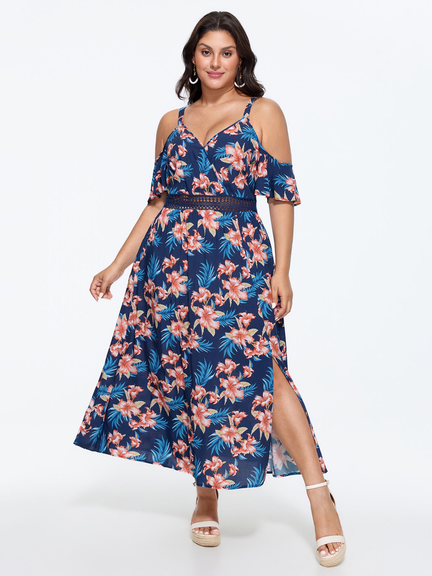 Floral Print Shirred Hollowed-Out Midi Dress