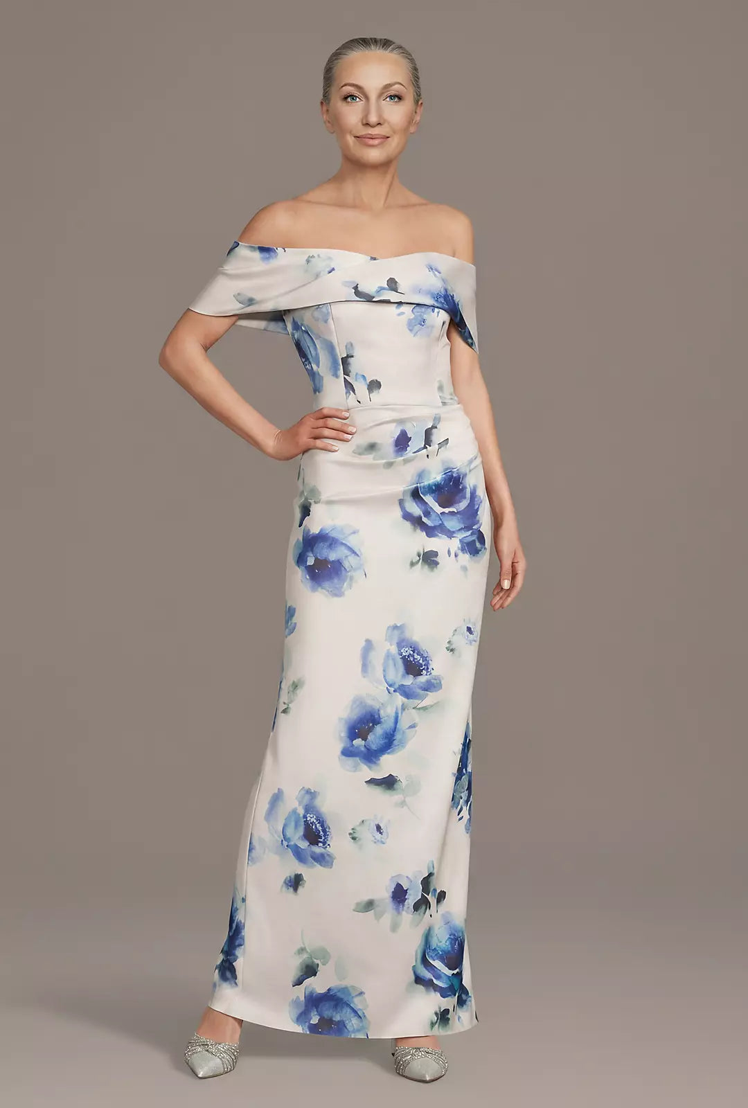 Off-the-Shoulder Floral Matte Satin Sheath Dress