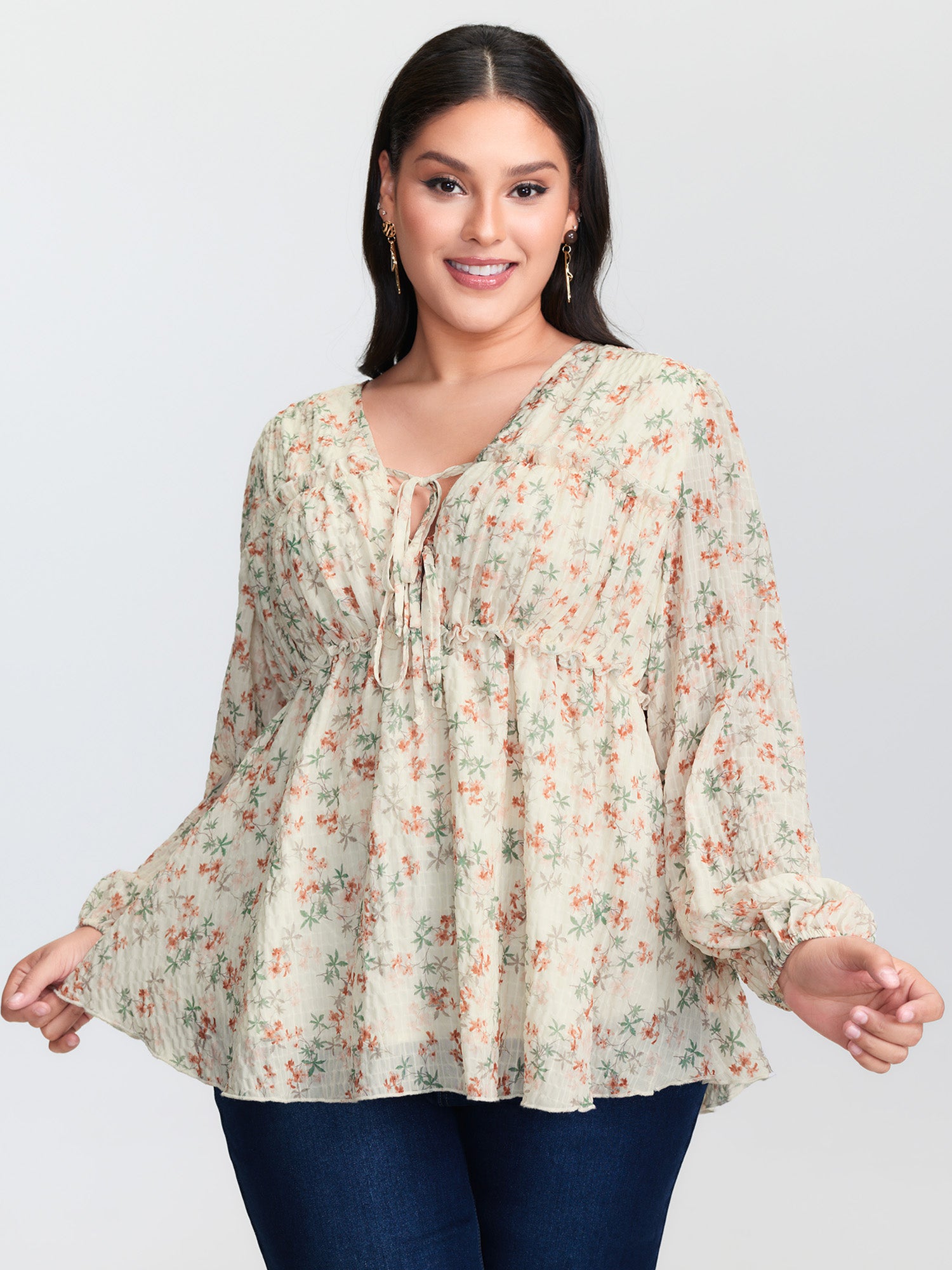 Floral Chiffon Ruffled Tie Front Blouse